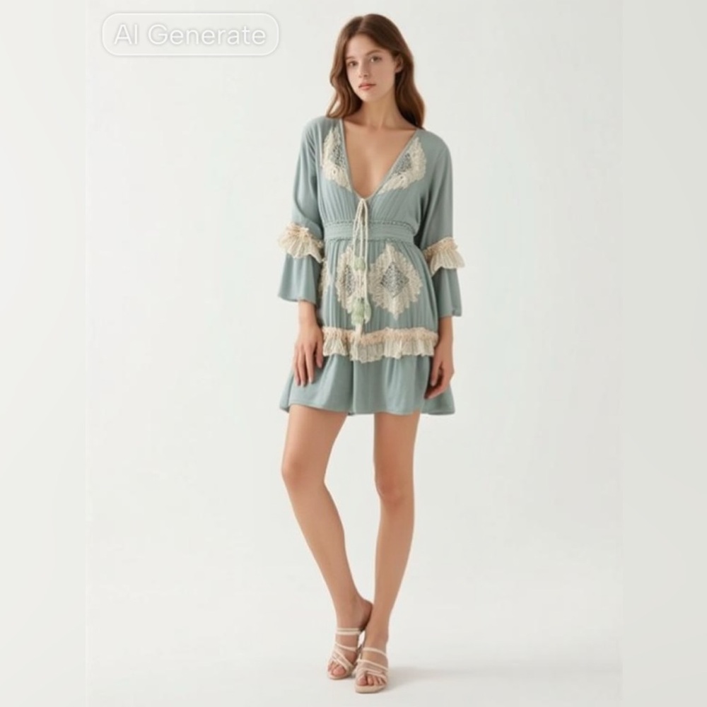 Anisa Spain Boho Chic Aqua blue Dress with Lace Accents beads embroidered